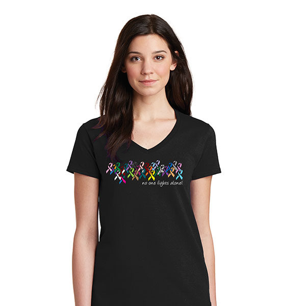 No One Fights Alone® Ladies Multicolored Ribbon V-neck T-shirt