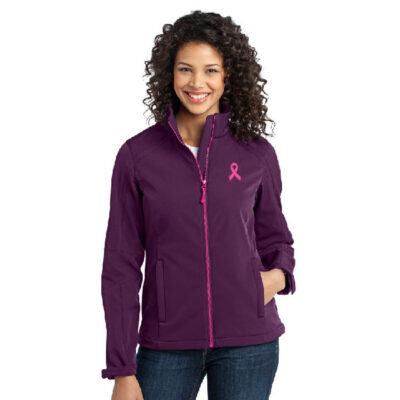 purple women's zip up with pink zipper and pink cancer awareness ribbon