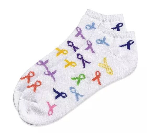 White ankle socks, with multiple colored ribbons for showing support and spreading awareness of cancer.
