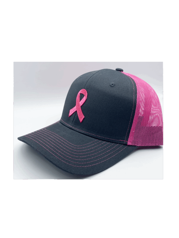 Breast Cancer Awareness Ribbon Mesh-back Cap with Charcoal grey Front and Pink Mesh back