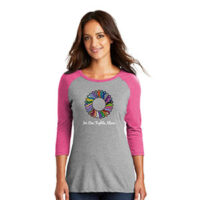 black and grey women's baseball t-shirt with no one fights alone text with multicolored graphic