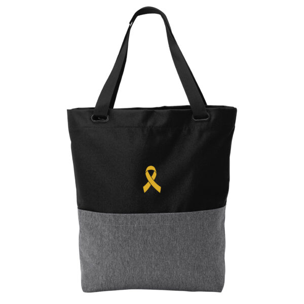 Cancer Awareness Tote Bag in Heather Grey/Black Color with Cancer awareness ribbon embroidered on the bag.