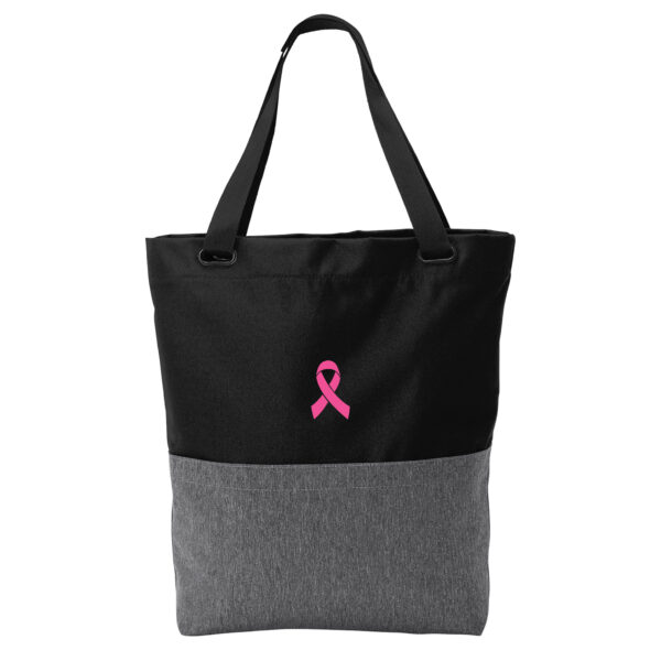 Cancer Awareness Tote Bag in Heather Grey/Black Color with Cancer awareness ribbon embroidered on the bag.