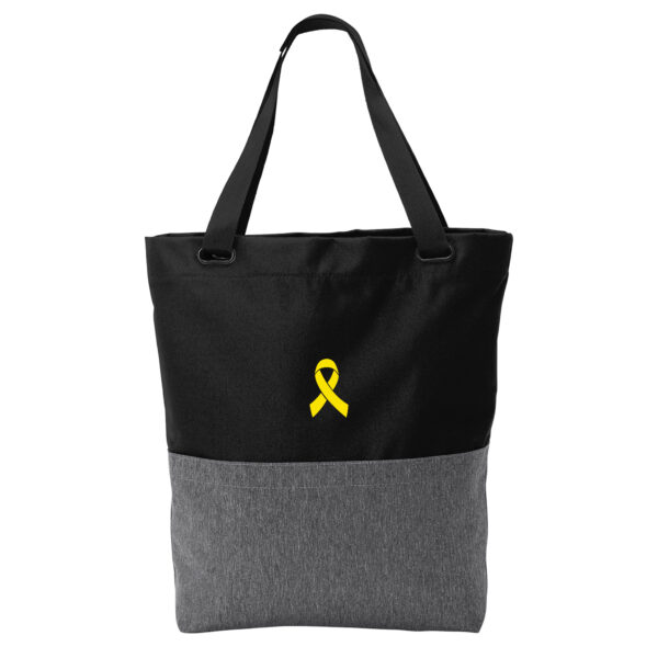 Cancer Awareness Tote Bag in Heather Grey/Black Color with Cancer awareness ribbon embroidered on the bag.