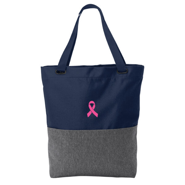 Cancer Awareness Tote Bag in Heather Grey/Navy Color with Cancer awareness ribbon embroidered on the bag.
