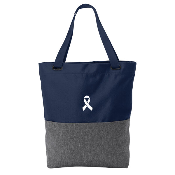Cancer Awareness Tote Bag in Heather Grey/Navy Color with Cancer awareness ribbon embroidered on the bag.