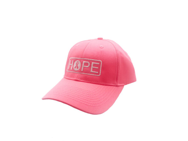 Pink 6 panel twill hat with Breast Cancer Awareness HOPE design embroidered on the hat in white thread