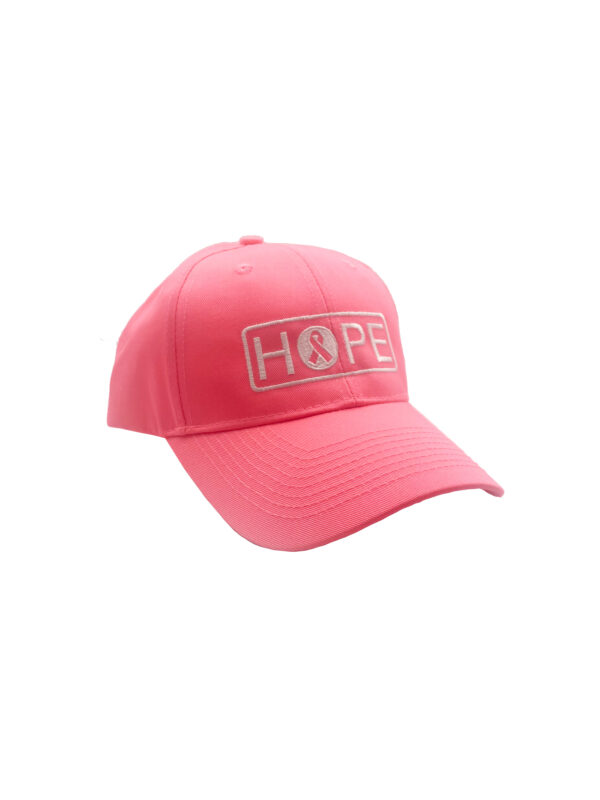 Pink 6 panel twill hat with Breast Cancer Awareness HOPE design embroidered on the hat in white thread