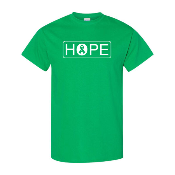 HOPE Cancer Awareness T-shirt in Irish Green with White HOPE and Cancer Awareness Ribbon design printed on the t-shirt