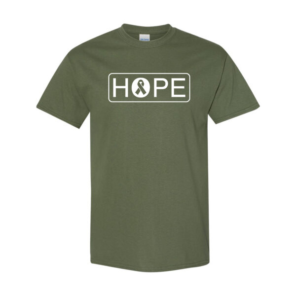 HOPE Cancer Awareness T-shirt in Military Green with White HOPE and Cancer Awareness Ribbon design printed on the t-shirt
