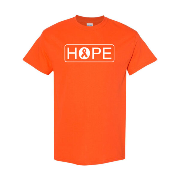 HOPE Cancer Awareness T-shirt in Orange with White HOPE and Cancer Awareness Ribbon design printed on the t-shirt