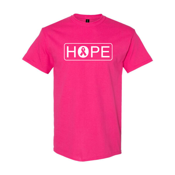 HOPE Cancer Awareness T-shirt in Pink with White HOPE and Cancer Awareness Ribbon design printed on the t-shirt